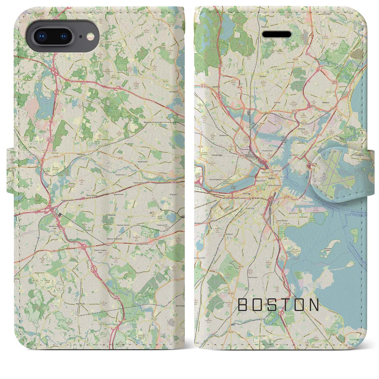 【ボストン】地図柄iPhoneケース（手帳両面タイプ・ナチュラル）iPhone 8Plus /7Plus / 6sPlus / 6Plus 用