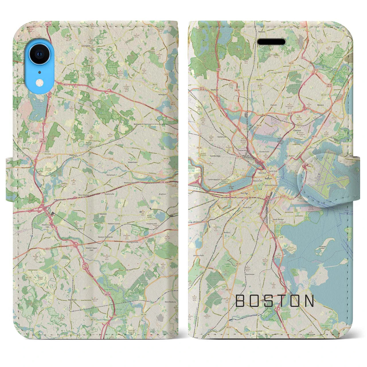 【ボストン】地図柄iPhoneケース（手帳両面タイプ・ナチュラル）iPhone XR 用