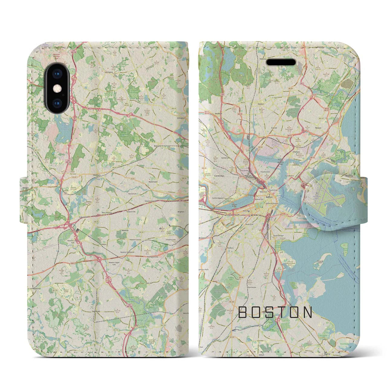 【ボストン】地図柄iPhoneケース（手帳両面タイプ・ナチュラル）iPhone XS / X 用