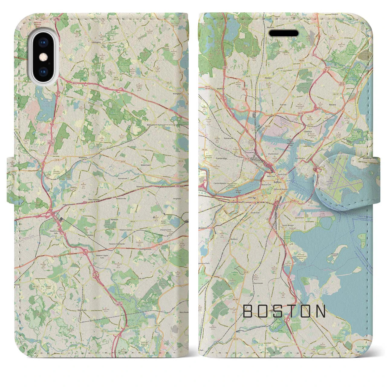 【ボストン】地図柄iPhoneケース（手帳両面タイプ・ナチュラル）iPhone XS Max 用