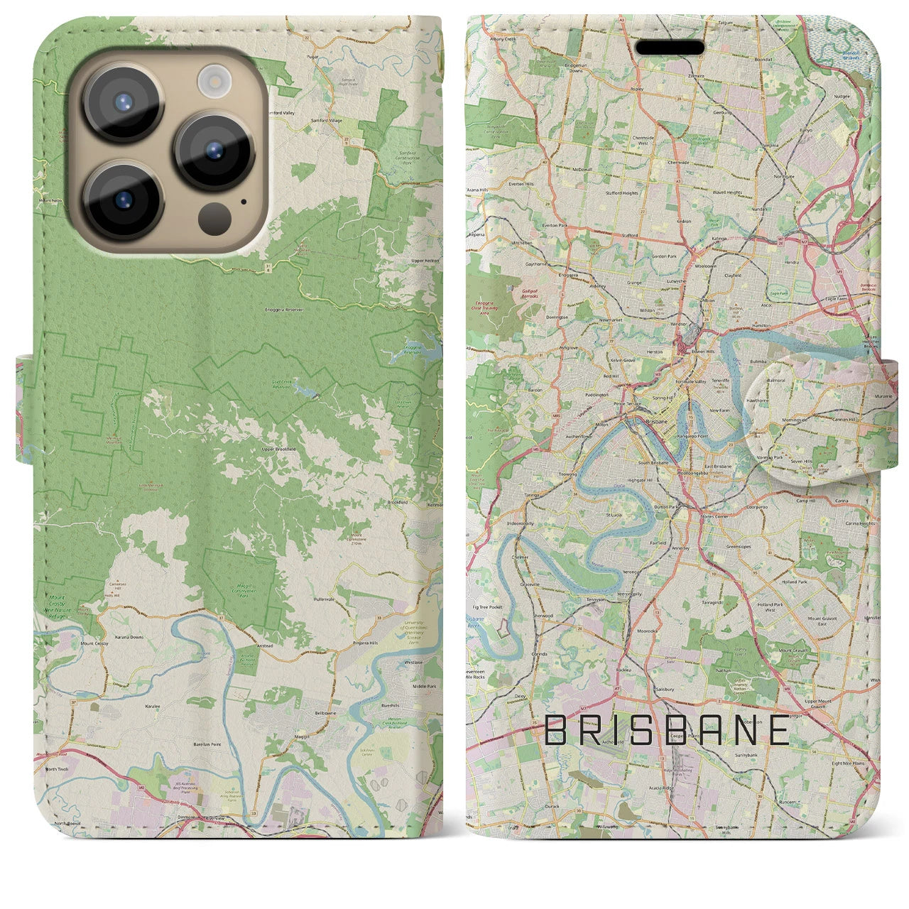 【ブリスベン】地図柄iPhoneケース（手帳両面タイプ・ナチュラル）iPhone 14 Pro Max 用