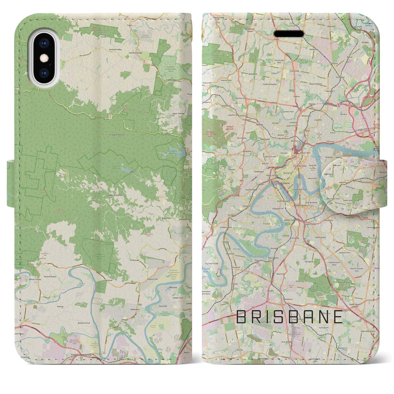 【ブリスベン】地図柄iPhoneケース（手帳両面タイプ・ナチュラル）iPhone XS Max 用