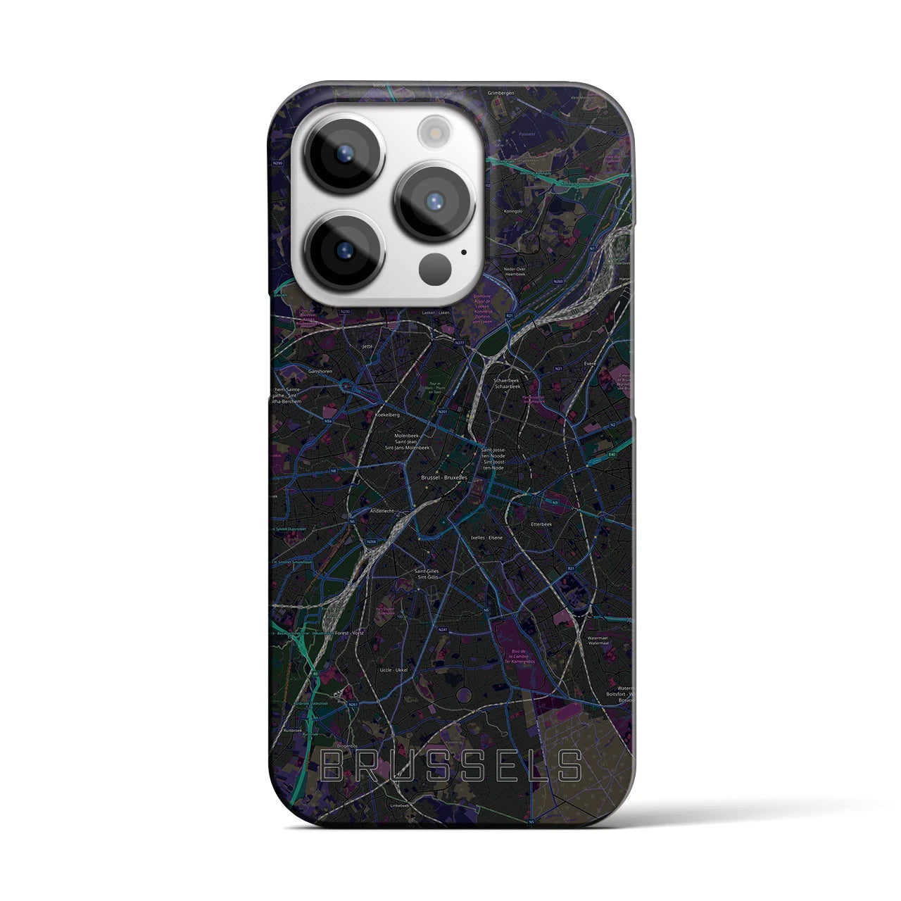 【ブリュッセル】地図柄iPhoneケース（バックカバータイプ・ブラック）iPhone 14 Pro 用