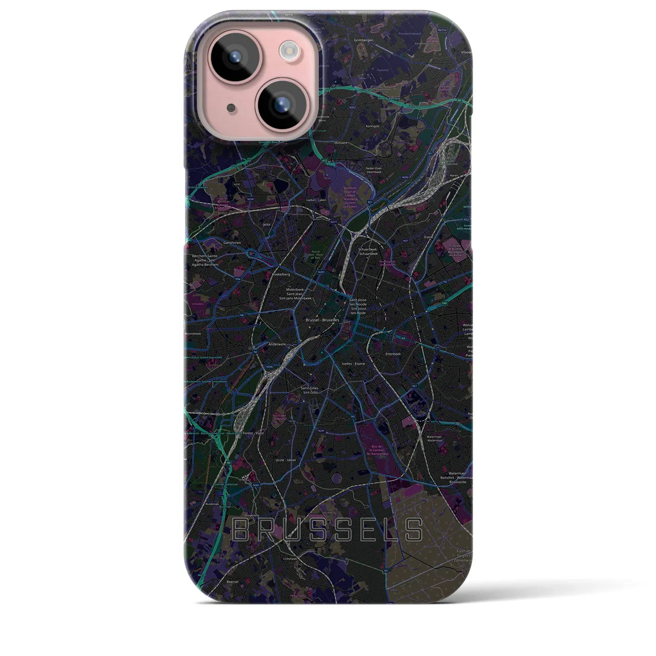 【ブリュッセル】地図柄iPhoneケース（バックカバータイプ・ブラック）iPhone 15 Plus 用