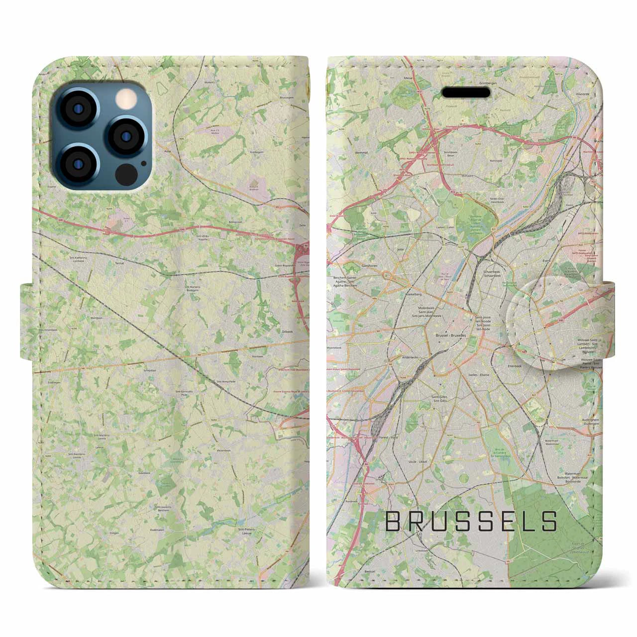 【ブリュッセル】地図柄iPhoneケース（手帳両面タイプ・ナチュラル）iPhone 12 / 12 Pro 用
