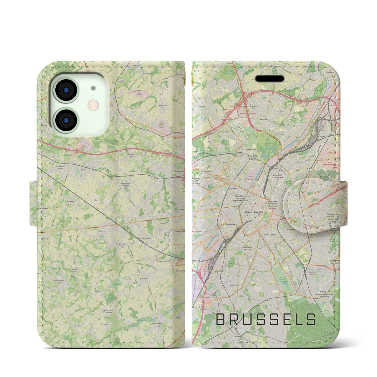 【ブリュッセル】地図柄iPhoneケース（手帳両面タイプ・ナチュラル）iPhone 12 mini 用