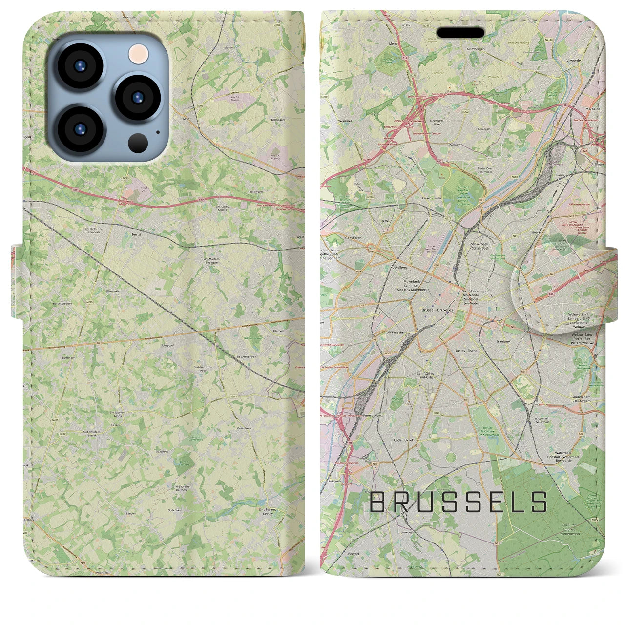【ブリュッセル】地図柄iPhoneケース（手帳両面タイプ・ナチュラル）iPhone 13 Pro Max 用