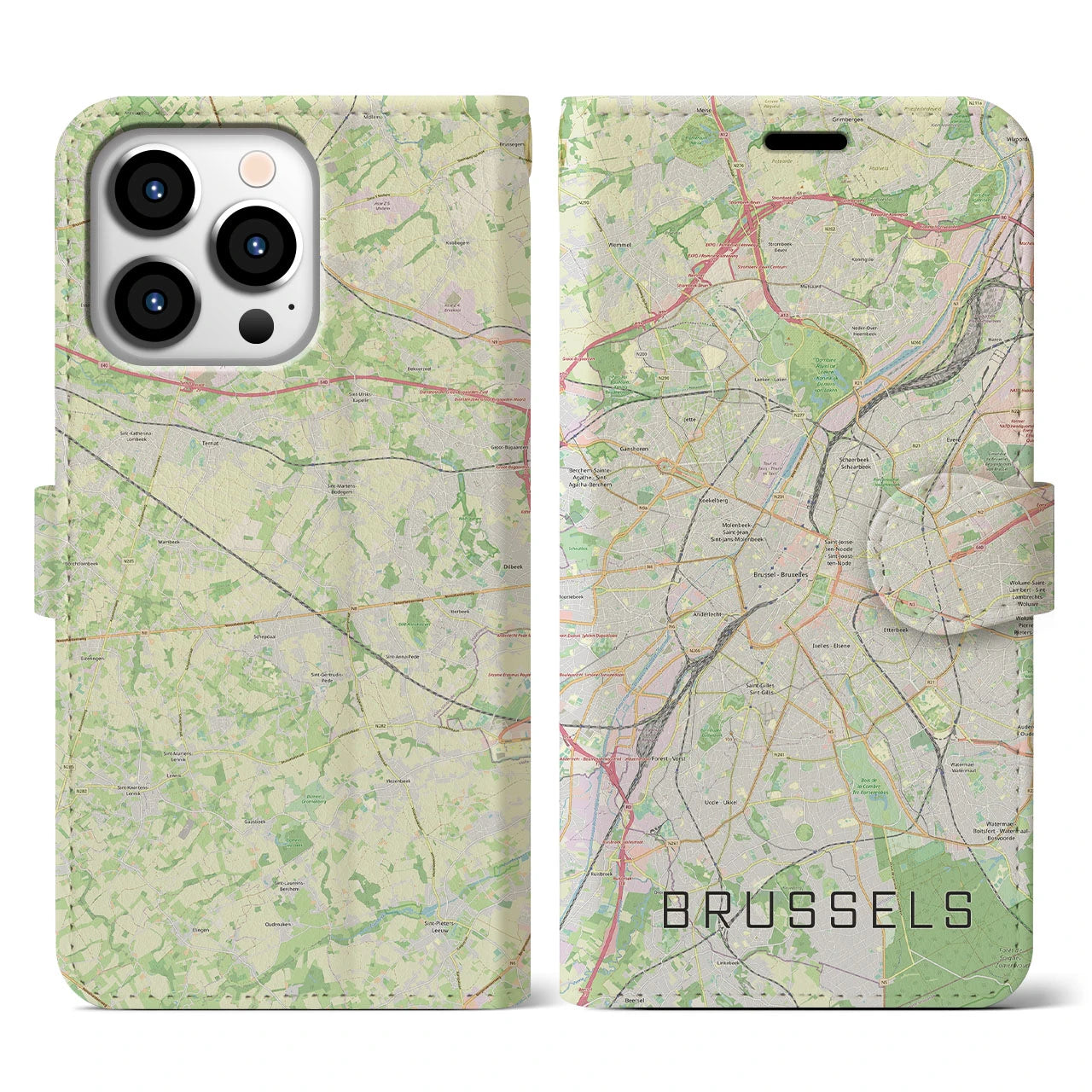【ブリュッセル】地図柄iPhoneケース（手帳両面タイプ・ナチュラル）iPhone 13 Pro 用