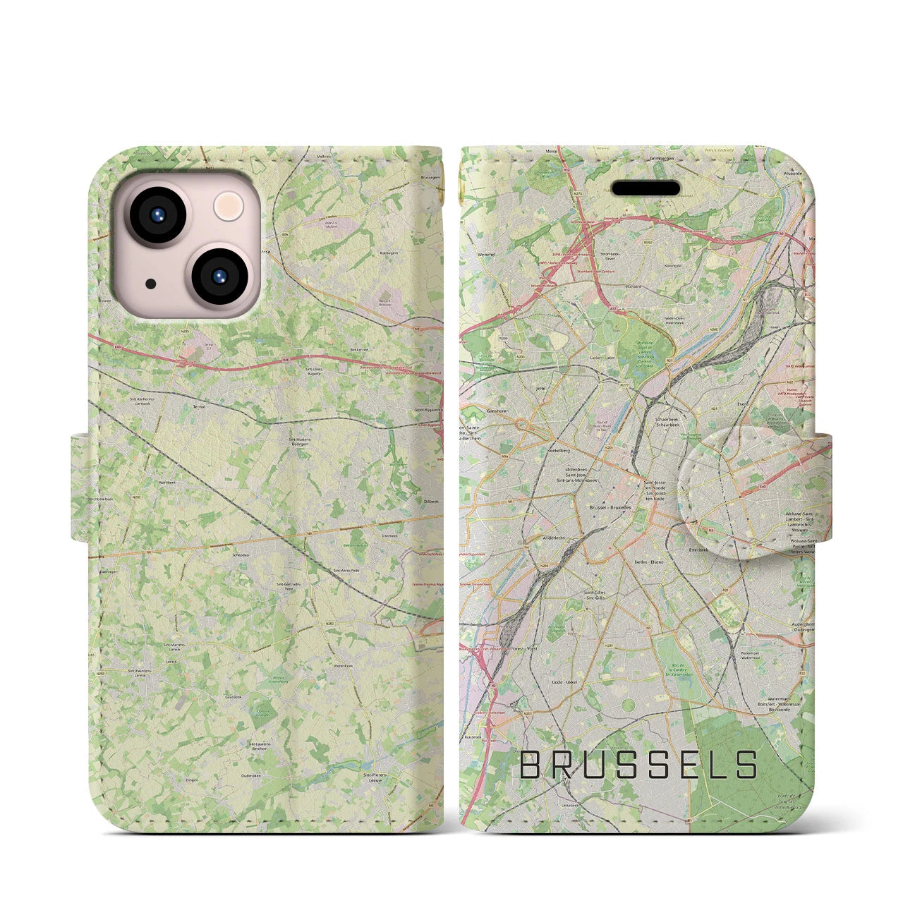 【ブリュッセル】地図柄iPhoneケース（手帳両面タイプ・ナチュラル）iPhone 13 mini 用