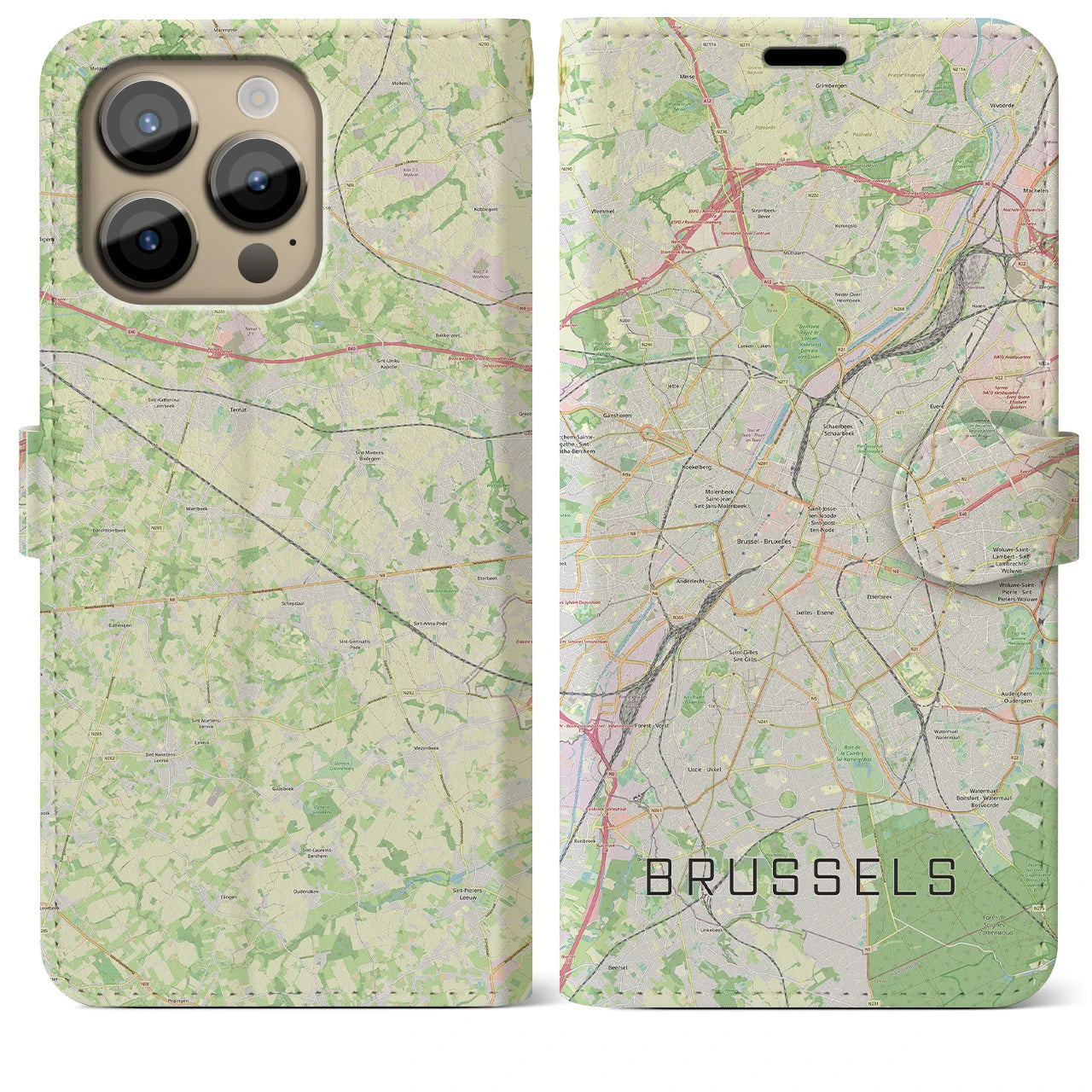 【ブリュッセル】地図柄iPhoneケース（手帳両面タイプ・ナチュラル）iPhone 14 Pro Max 用