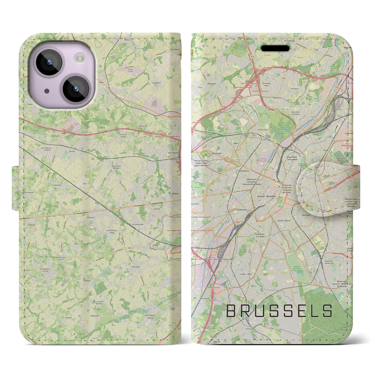 【ブリュッセル】地図柄iPhoneケース（手帳両面タイプ・ナチュラル）iPhone 14 用