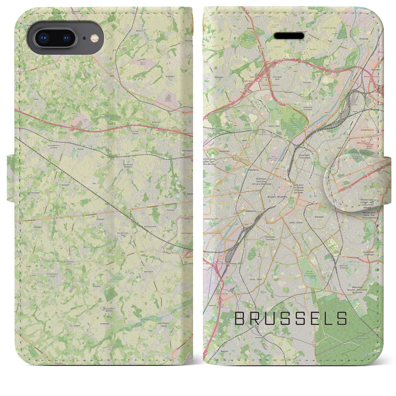 【ブリュッセル】地図柄iPhoneケース（手帳両面タイプ・ナチュラル）iPhone 8Plus /7Plus / 6sPlus / 6Plus 用