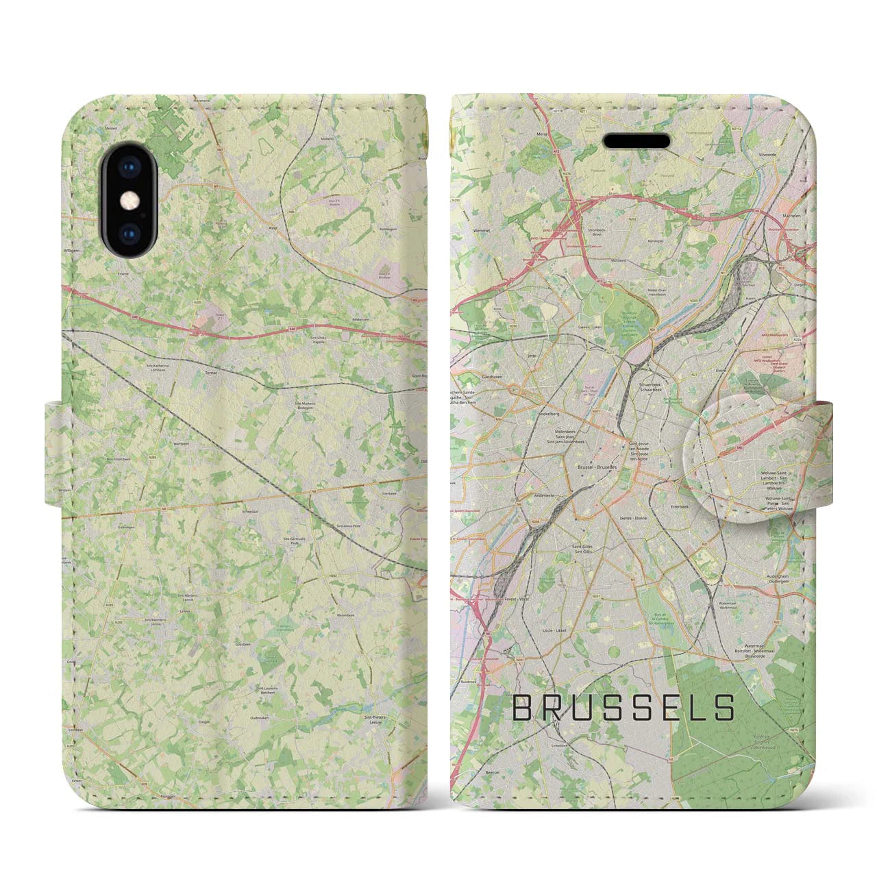【ブリュッセル】地図柄iPhoneケース（手帳両面タイプ・ナチュラル）iPhone XS / X 用