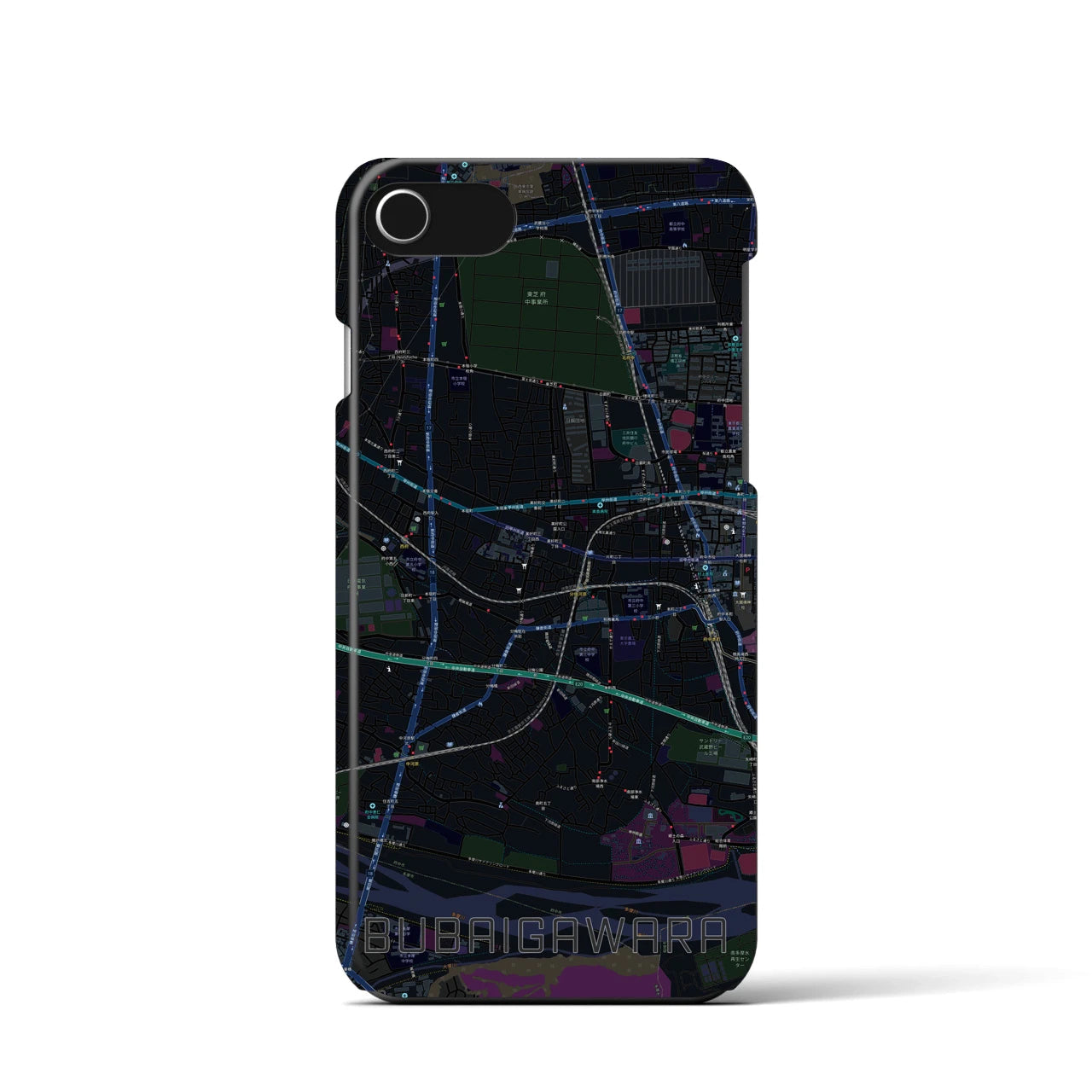 【分倍河原】地図柄iPhoneケース（バックカバータイプ・ブラック）iPhone SE（第3 / 第2世代） / 8 / 7 / 6s / 6 用