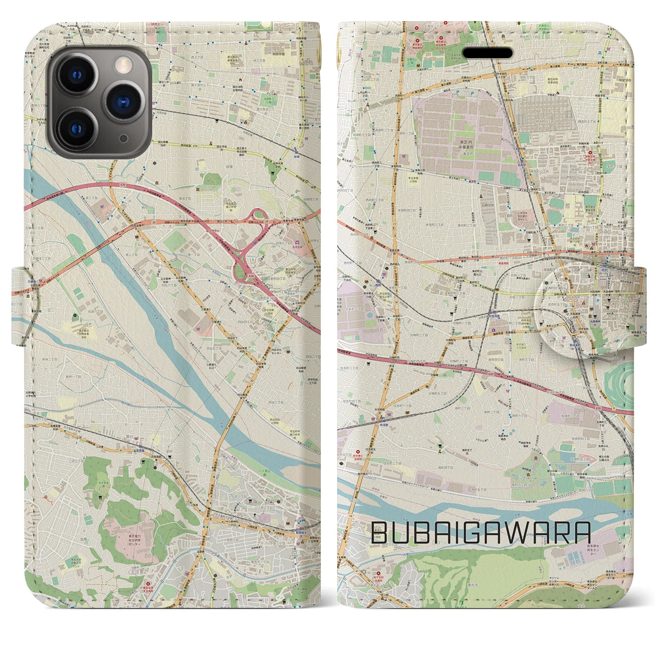 【分倍河原】地図柄iPhoneケース（手帳両面タイプ・ナチュラル）iPhone 11 Pro Max 用