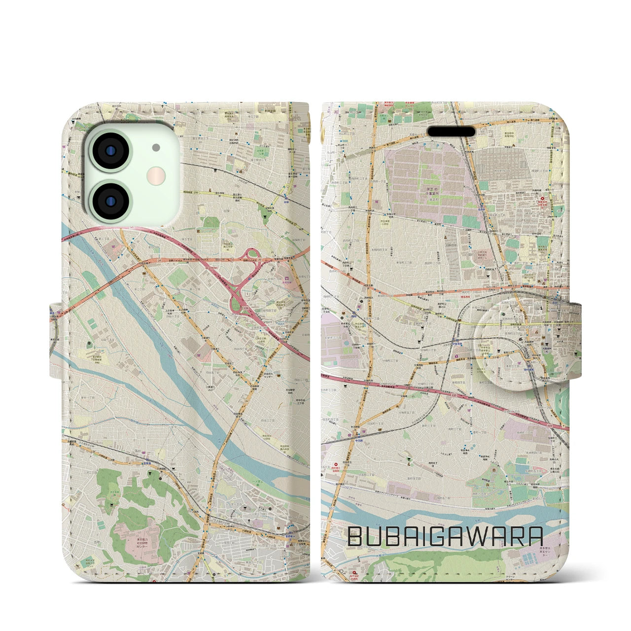 【分倍河原】地図柄iPhoneケース（手帳両面タイプ・ナチュラル）iPhone 12 mini 用