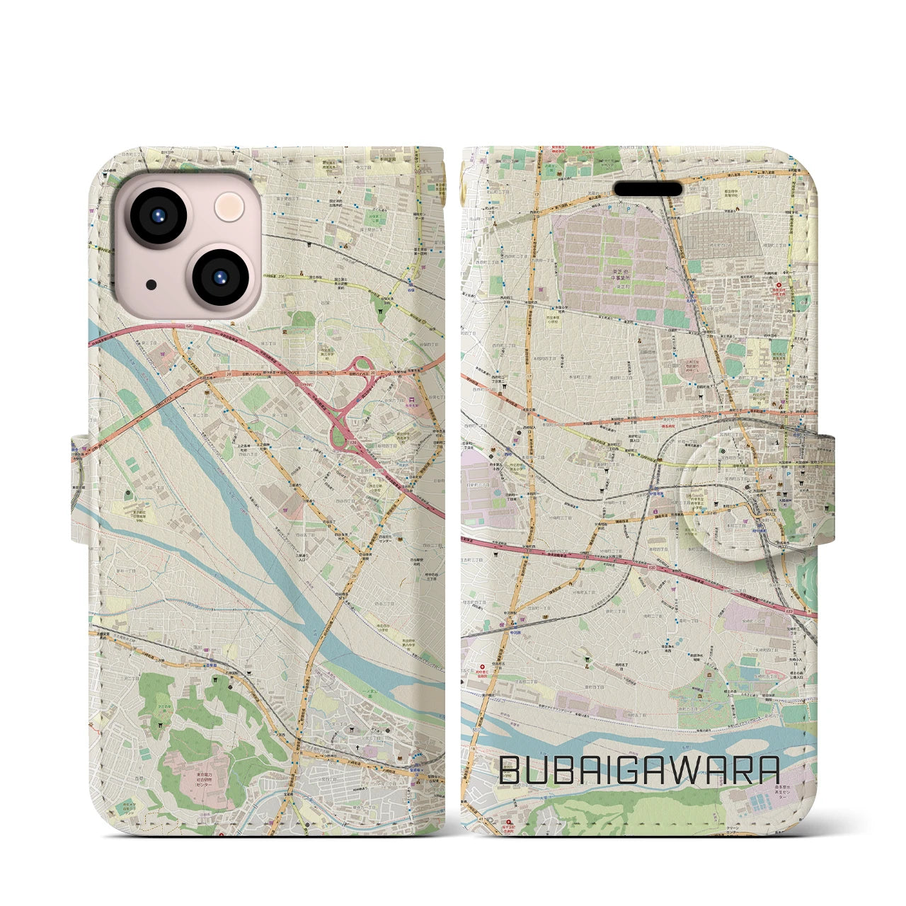【分倍河原】地図柄iPhoneケース（手帳両面タイプ・ナチュラル）iPhone 13 mini 用
