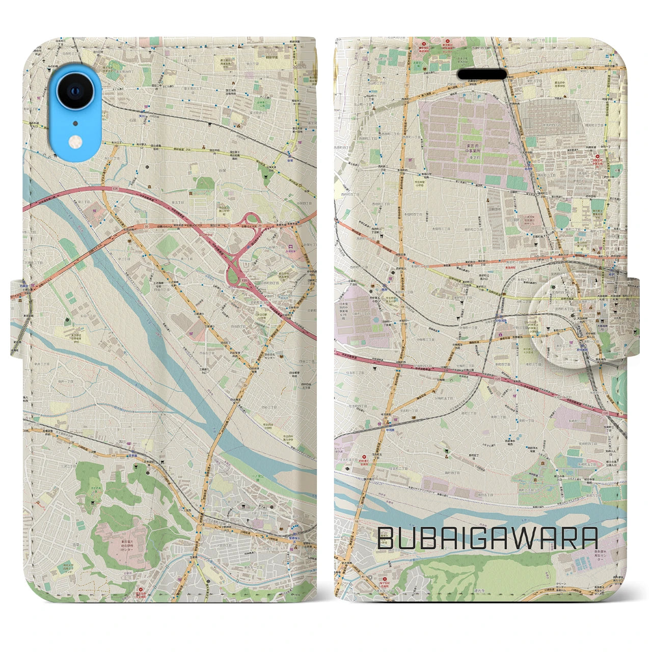 【分倍河原】地図柄iPhoneケース（手帳両面タイプ・ナチュラル）iPhone XR 用