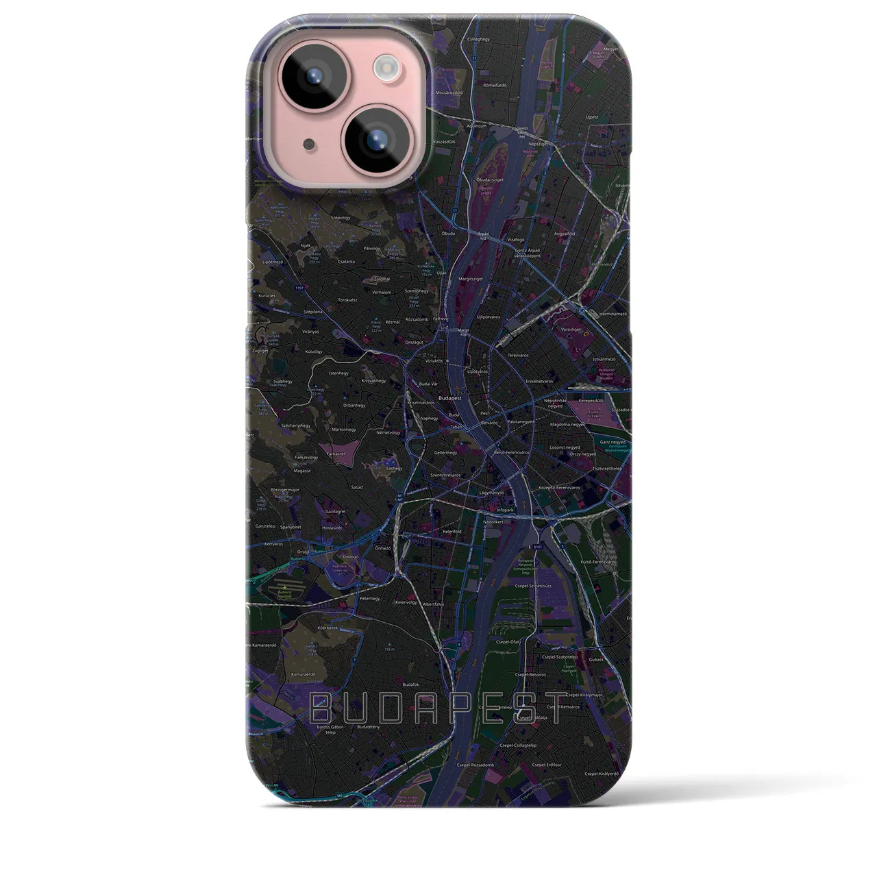 【ブダペスト】地図柄iPhoneケース（バックカバータイプ・ブラック）iPhone 15 Plus 用