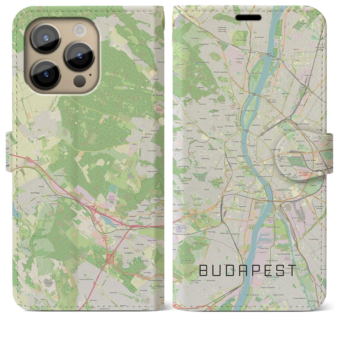 【ブダペスト】地図柄iPhoneケース（手帳両面タイプ・ナチュラル）iPhone 14 Pro Max 用