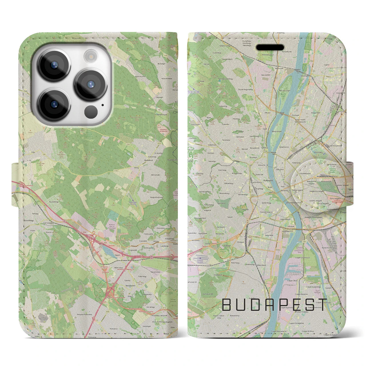 【ブダペスト】地図柄iPhoneケース（手帳両面タイプ・ナチュラル）iPhone 14 Pro 用