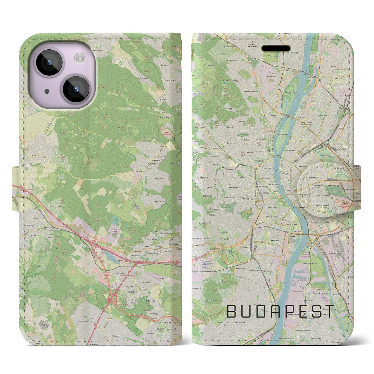 【ブダペスト】地図柄iPhoneケース（手帳両面タイプ・ナチュラル）iPhone 14 用