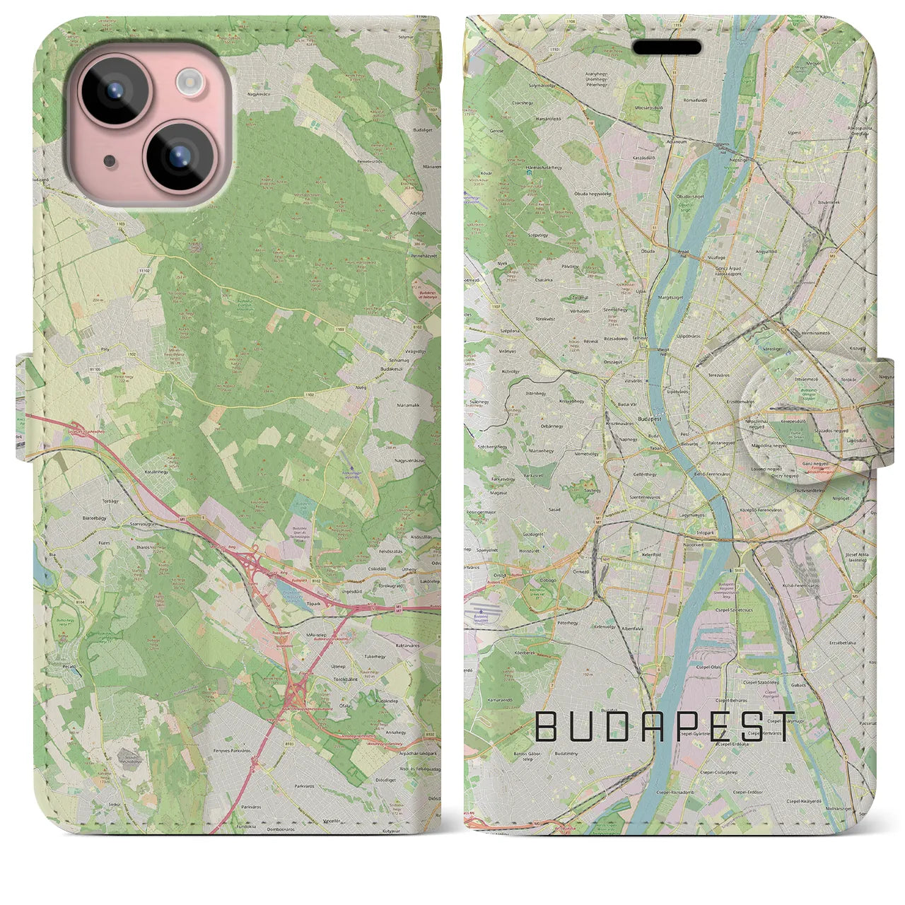 【ブダペスト】地図柄iPhoneケース（手帳両面タイプ・ナチュラル）iPhone 15 Plus 用