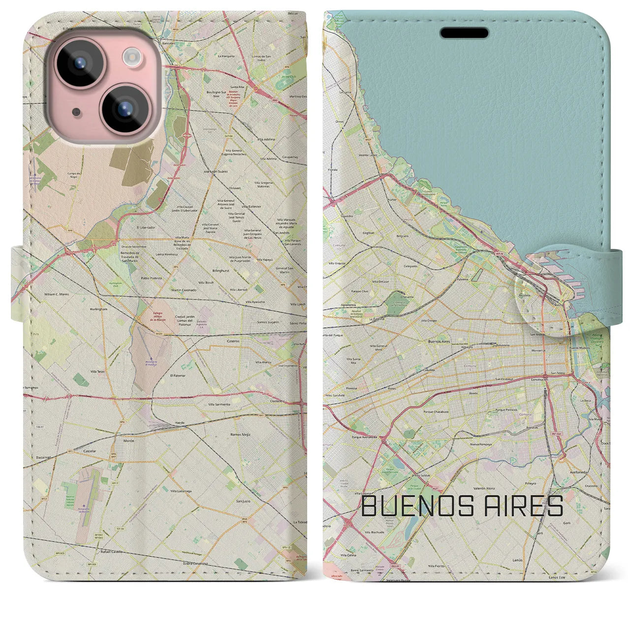 【ブエノスアイレス】地図柄iPhoneケース（手帳両面タイプ・ナチュラル）iPhone 15 Plus 用