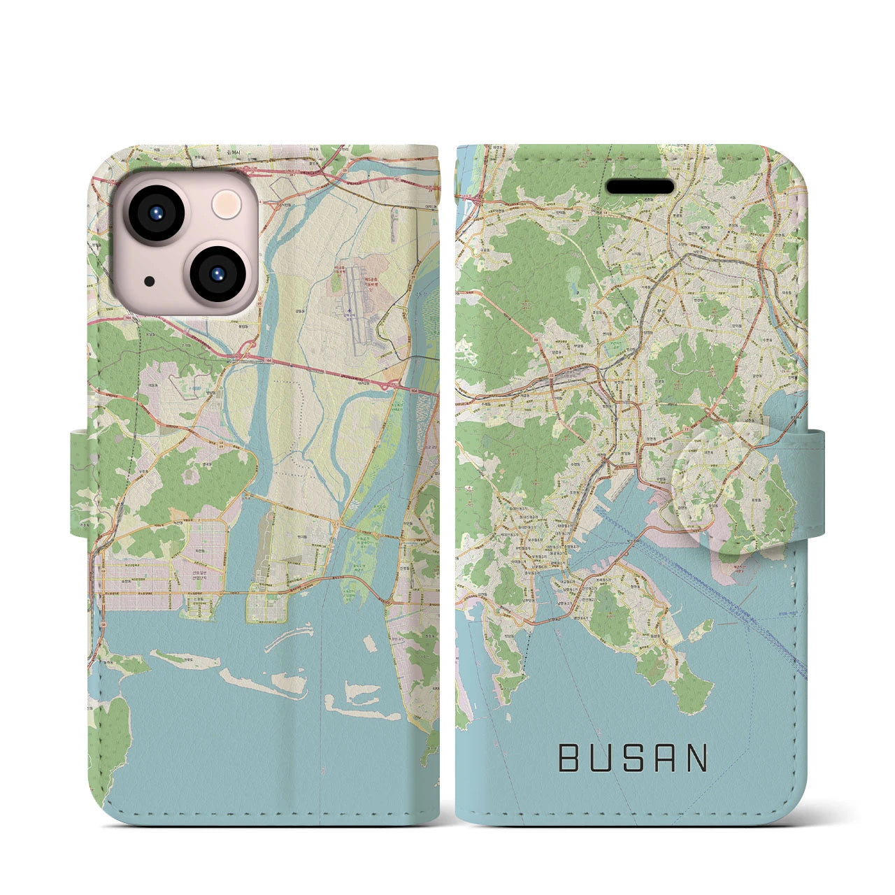 【釜山】地図柄iPhoneケース（手帳両面タイプ・ナチュラル）iPhone 13 mini 用