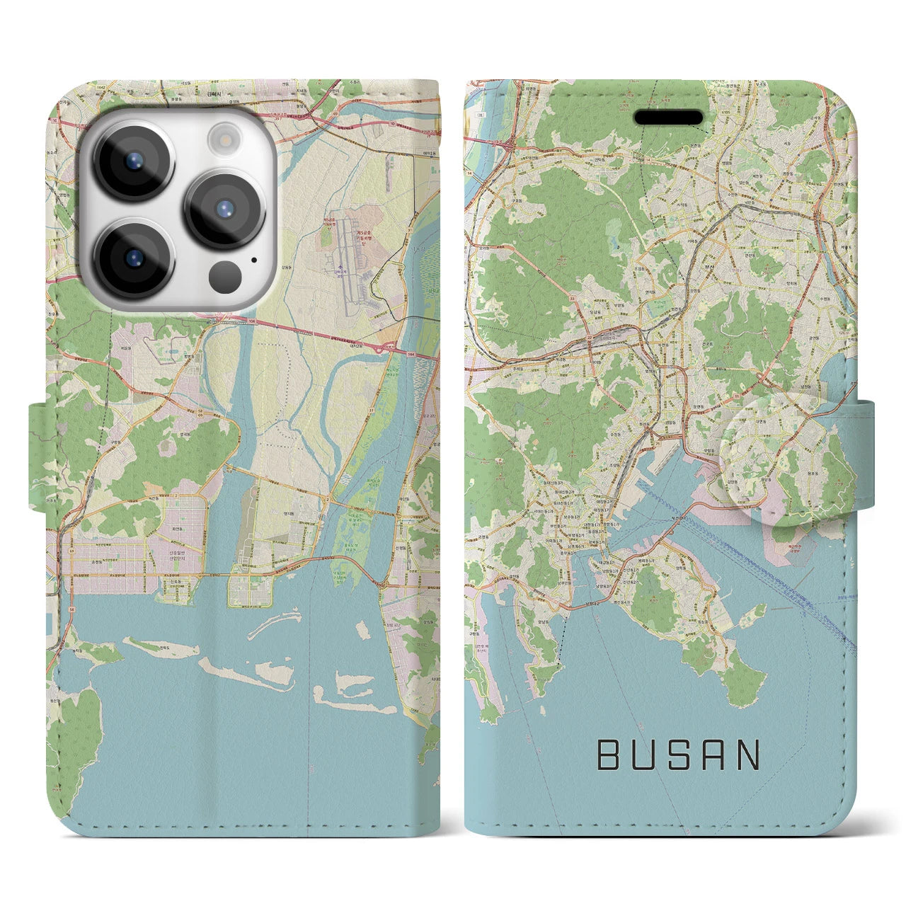 【釜山】地図柄iPhoneケース（手帳両面タイプ・ナチュラル）iPhone 14 Pro 用