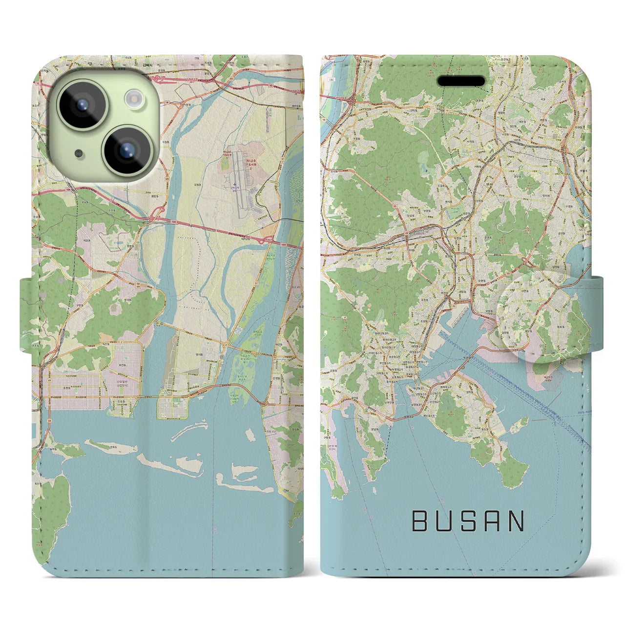 【釜山】地図柄iPhoneケース（手帳両面タイプ・ナチュラル）iPhone 15 用