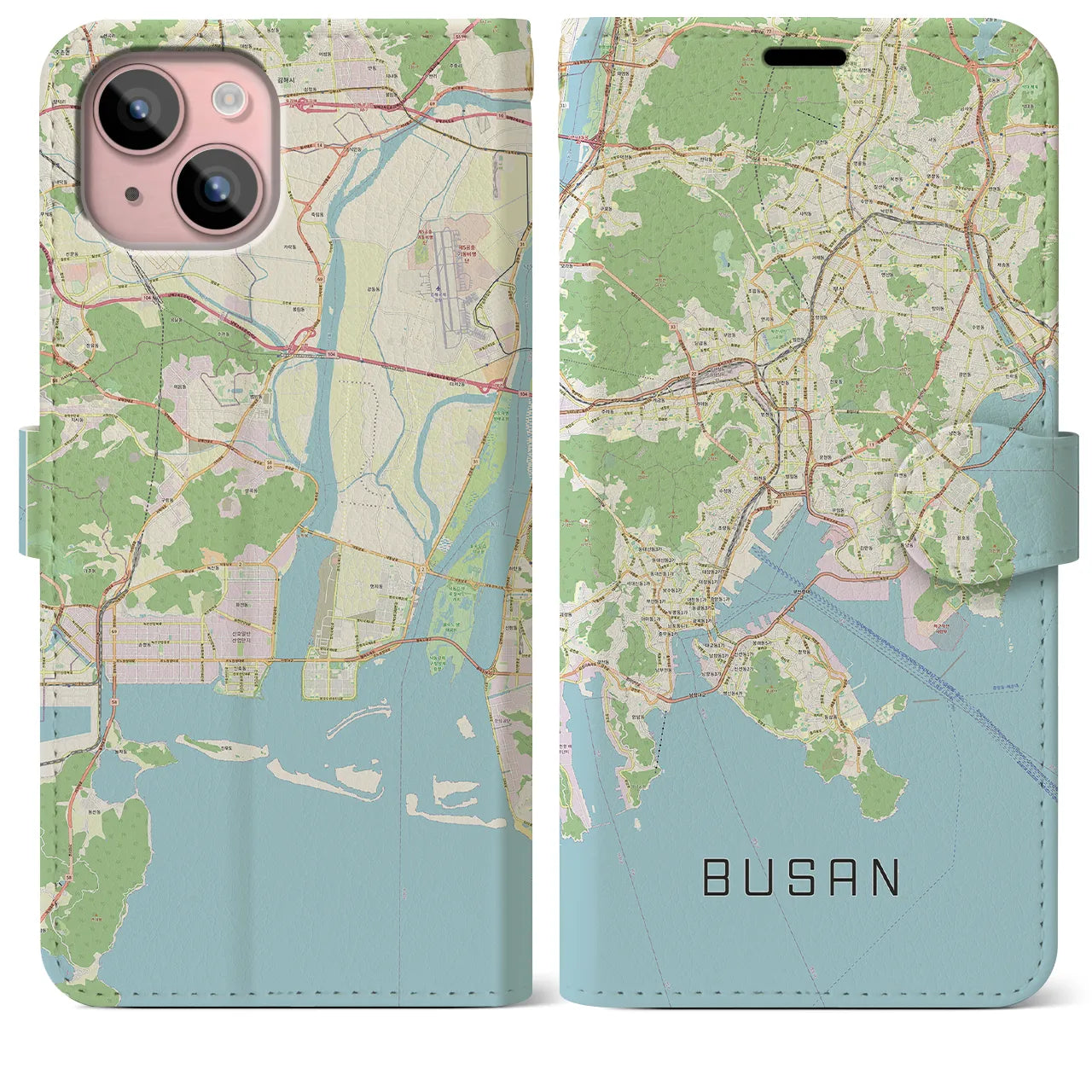 【釜山】地図柄iPhoneケース（手帳両面タイプ・ナチュラル）iPhone 15 Plus 用