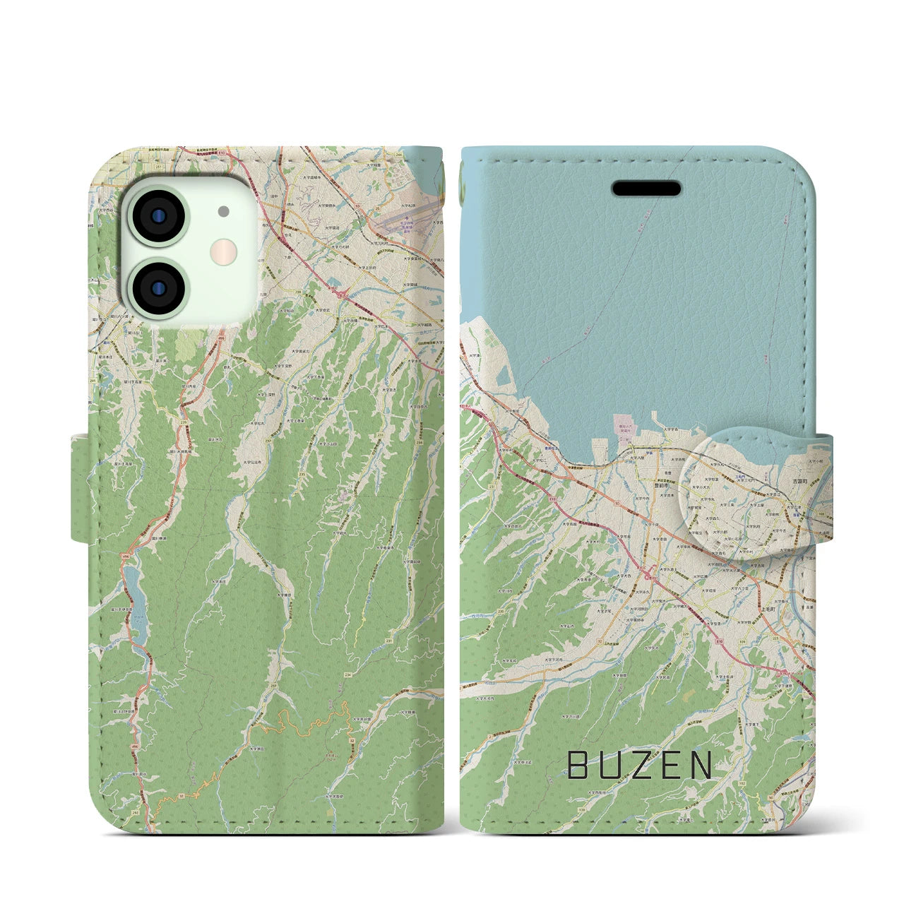 【豊前】地図柄iPhoneケース（手帳両面タイプ・ナチュラル）iPhone 12 mini 用