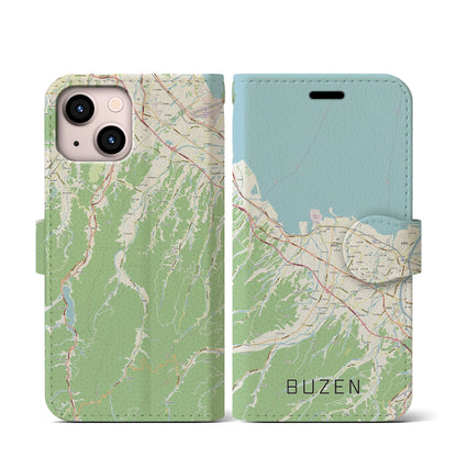 【豊前（福岡県）】地図柄iPhoneケース（手帳タイプ）ナチュラル・iPhone 13 mini 用