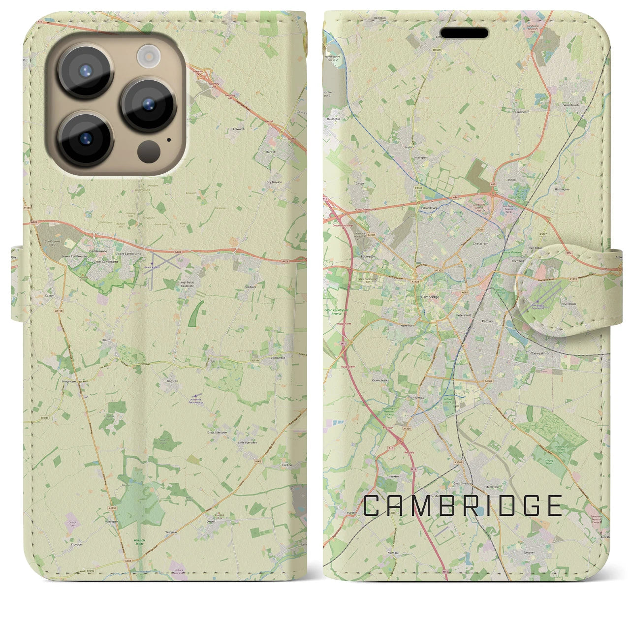 【ケンブリッジ】地図柄iPhoneケース（手帳両面タイプ・ナチュラル）iPhone 14 Pro Max 用