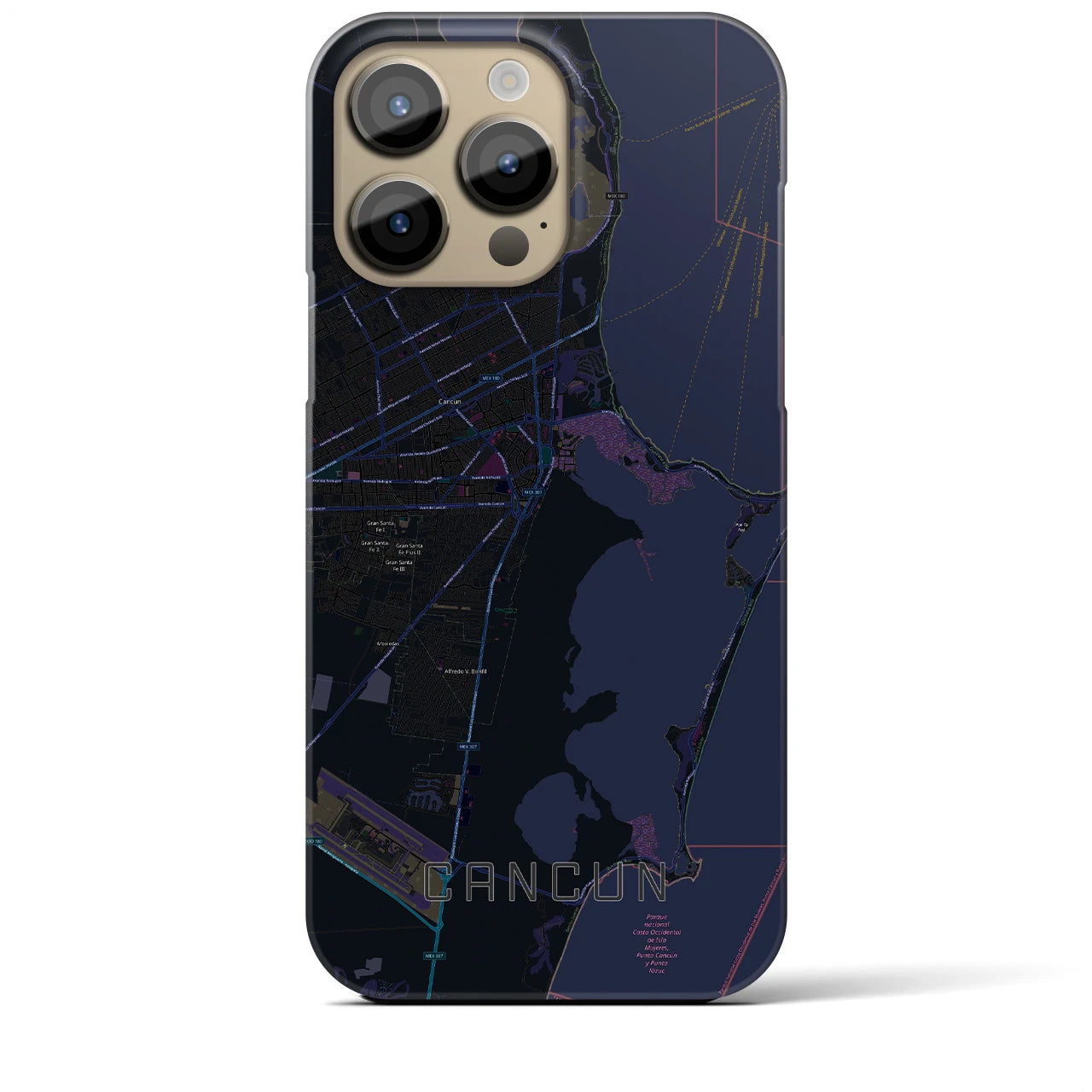 【カンクン】地図柄iPhoneケース（バックカバータイプ・ブラック）iPhone 14 Pro Max 用