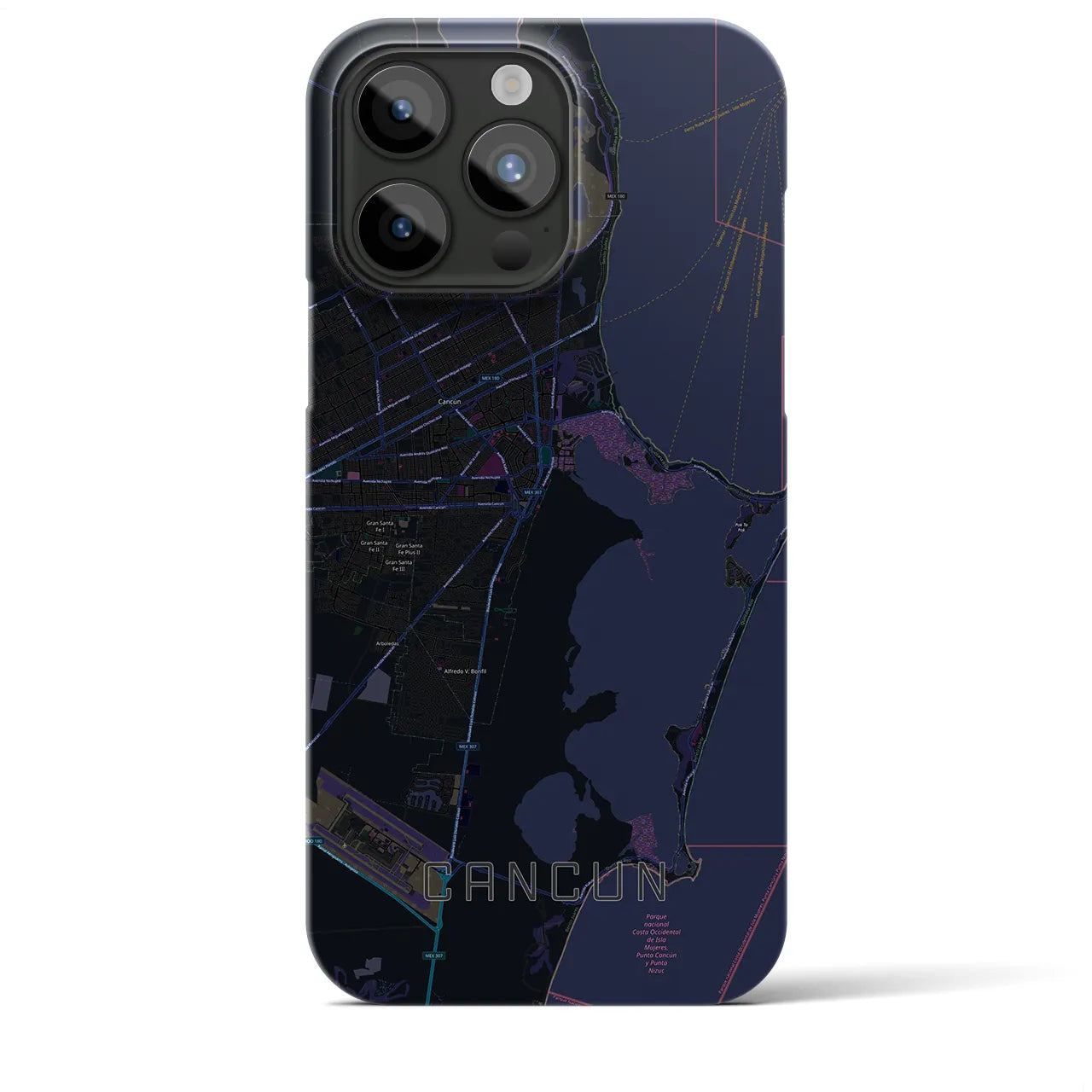 【カンクン】地図柄iPhoneケース（バックカバータイプ・ブラック）iPhone 15 Pro Max 用