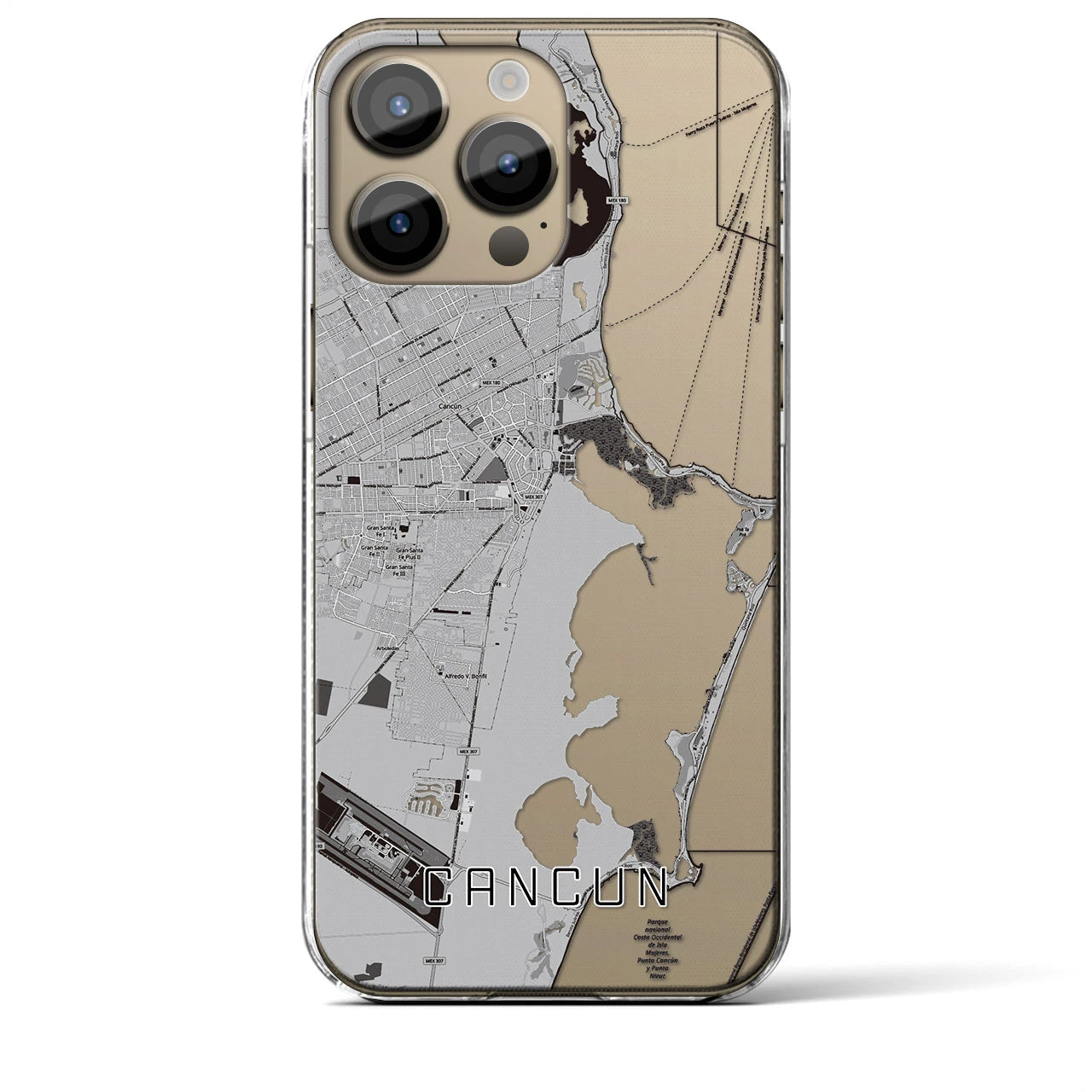 【カンクン】地図柄iPhoneケース（クリアタイプ・モノトーン）iPhone 14 Pro Max 用
