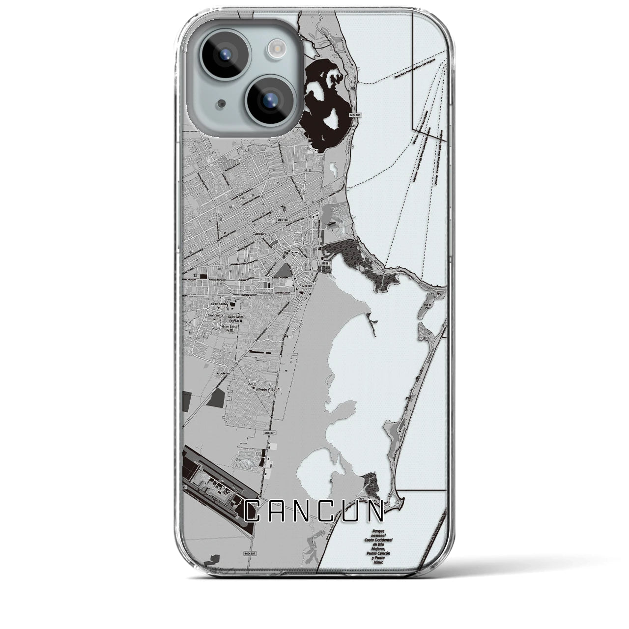 【カンクン】地図柄iPhoneケース（クリアタイプ・モノトーン）iPhone 15 Plus 用