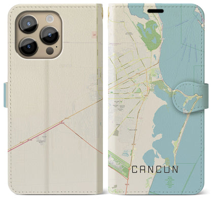 【カンクン（メキシコ）】地図柄iPhoneケース（手帳タイプ）ナチュラル・iPhone 14 Pro Max 用