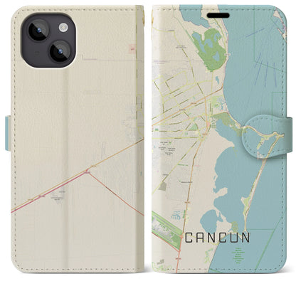 【カンクン（メキシコ）】地図柄iPhoneケース（手帳タイプ）ナチュラル・iPhone 14 Plus 用