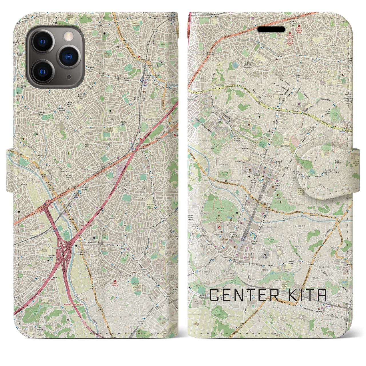 【センター北】地図柄iPhoneケース（手帳両面タイプ・ナチュラル）iPhone 11 Pro Max 用