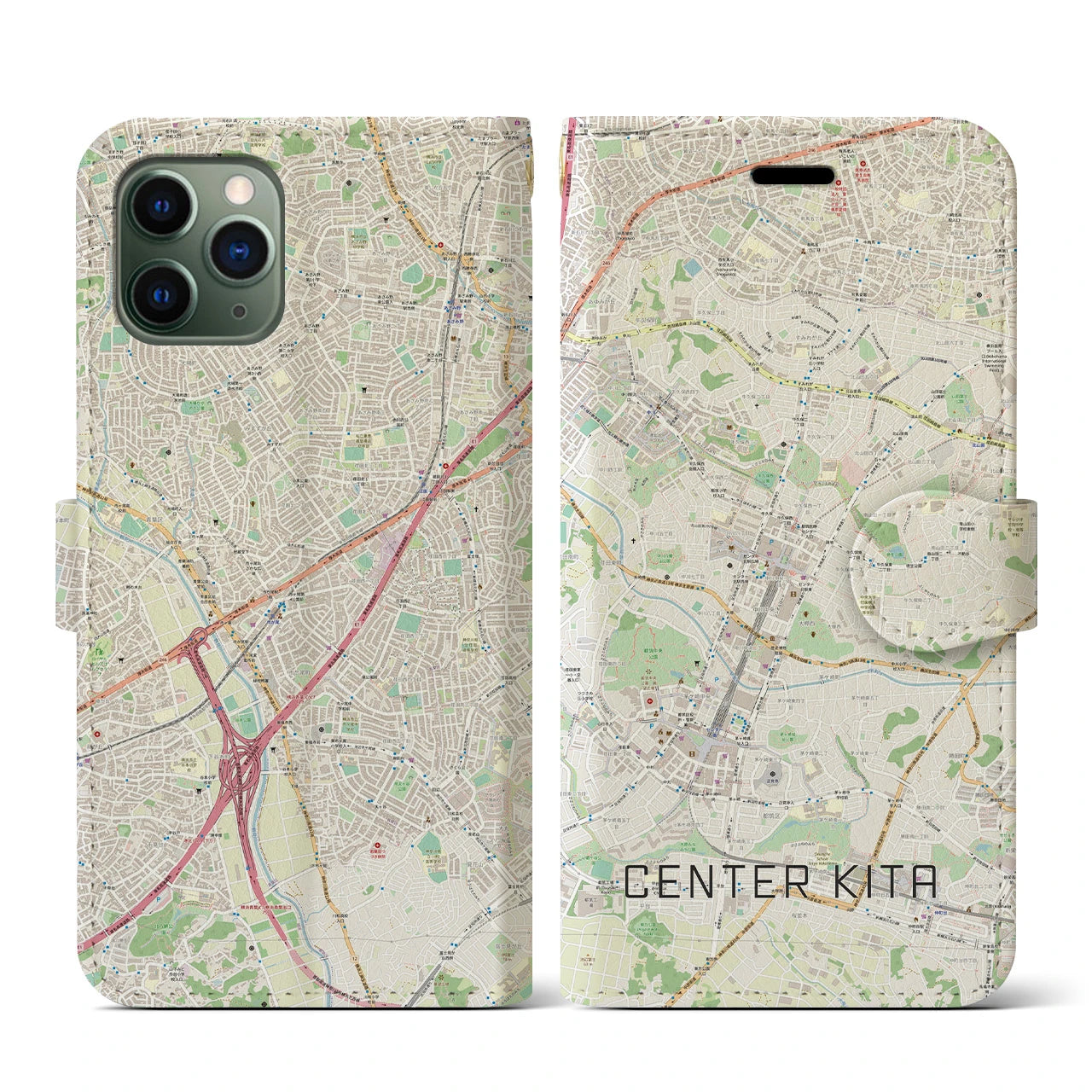 【センター北】地図柄iPhoneケース（手帳両面タイプ・ナチュラル）iPhone 11 Pro 用