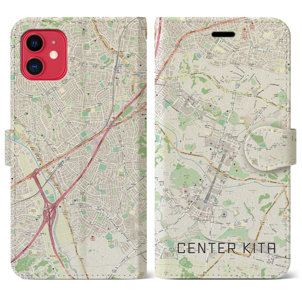 【センター北】地図柄iPhoneケース（手帳両面タイプ・ナチュラル）iPhone 11 用