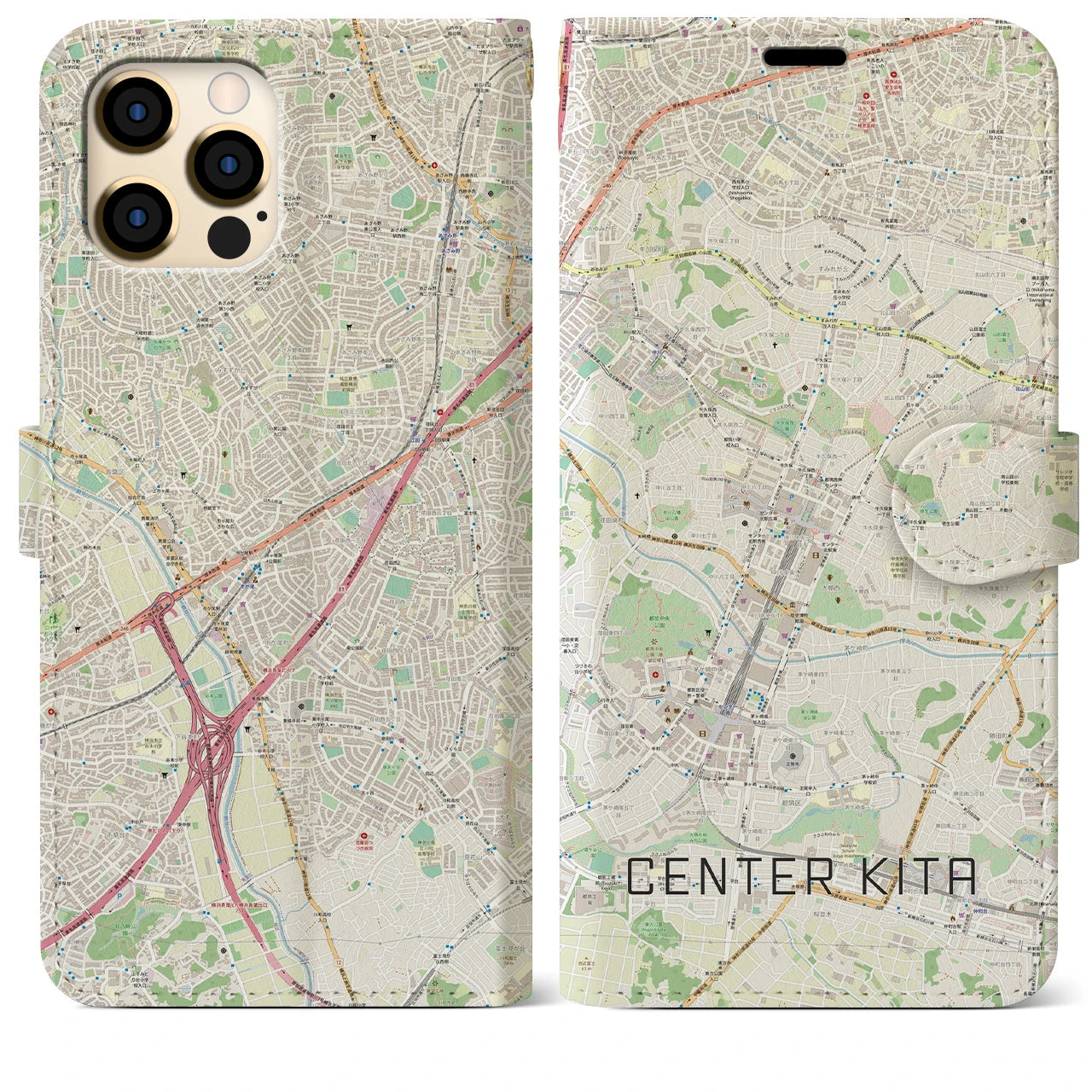 【センター北】地図柄iPhoneケース（手帳両面タイプ・ナチュラル）iPhone 12 Pro Max 用