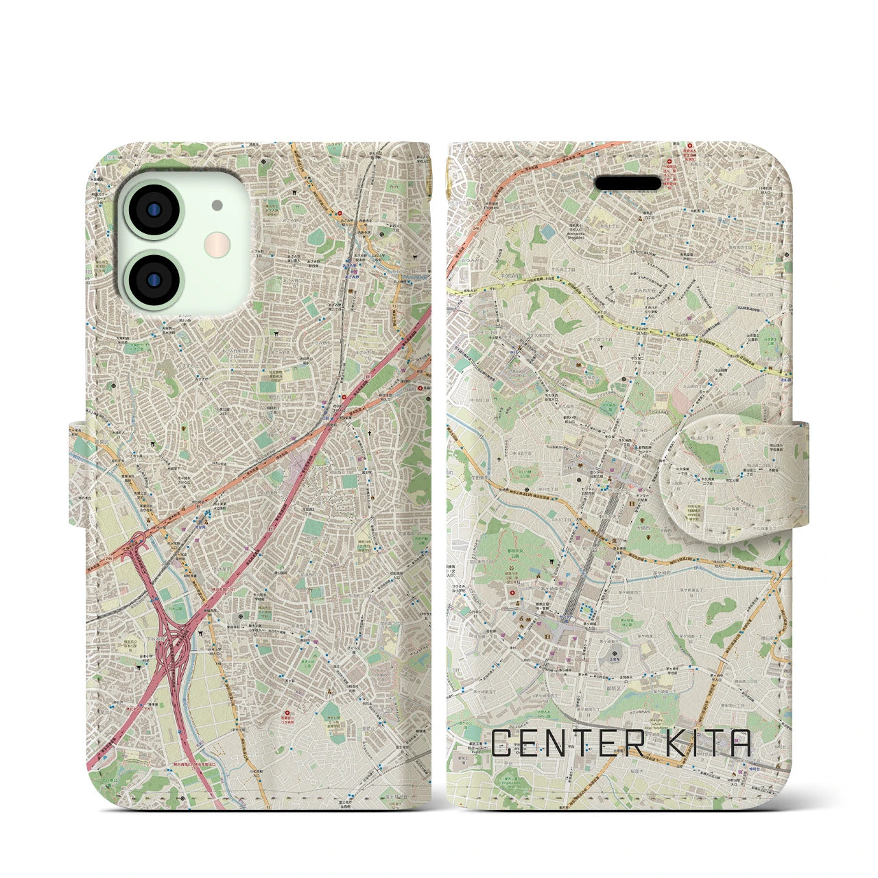 【センター北】地図柄iPhoneケース（手帳両面タイプ・ナチュラル）iPhone 12 mini 用