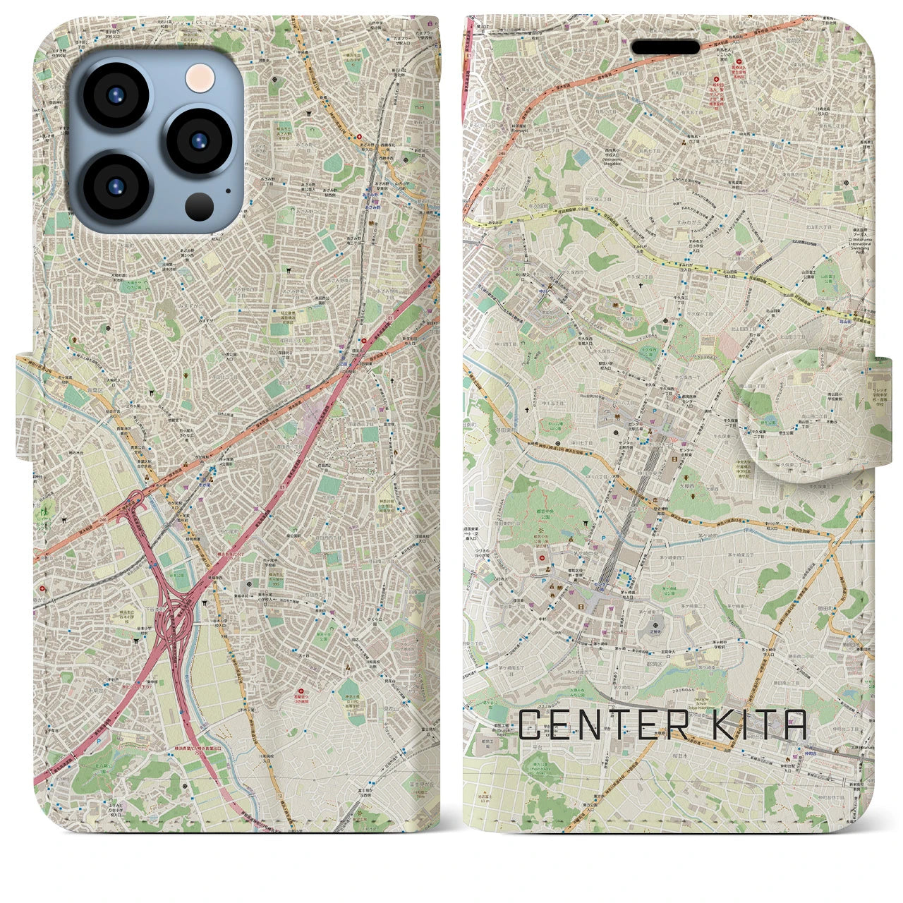 【センター北】地図柄iPhoneケース（手帳両面タイプ・ナチュラル）iPhone 13 Pro Max 用