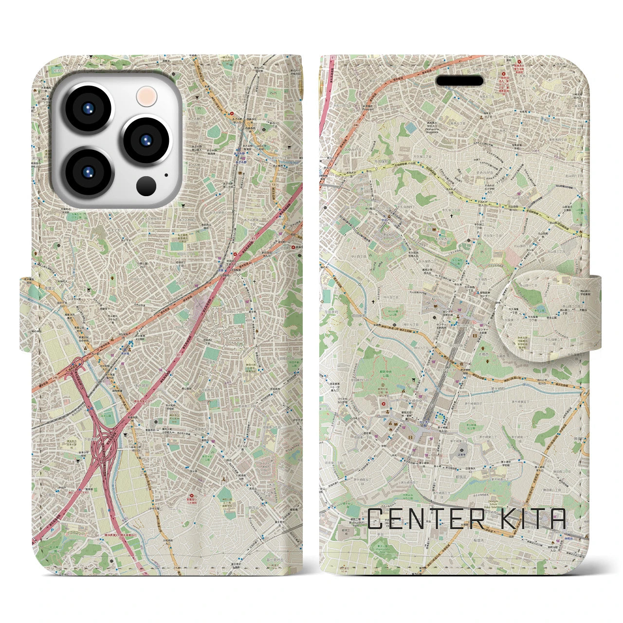 【センター北】地図柄iPhoneケース（手帳両面タイプ・ナチュラル）iPhone 13 Pro 用