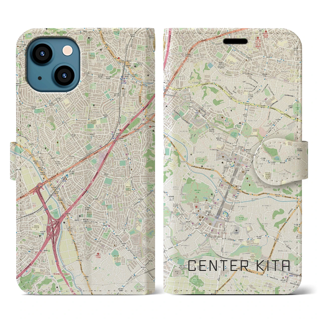 【センター北】地図柄iPhoneケース（手帳両面タイプ・ナチュラル）iPhone 13 用