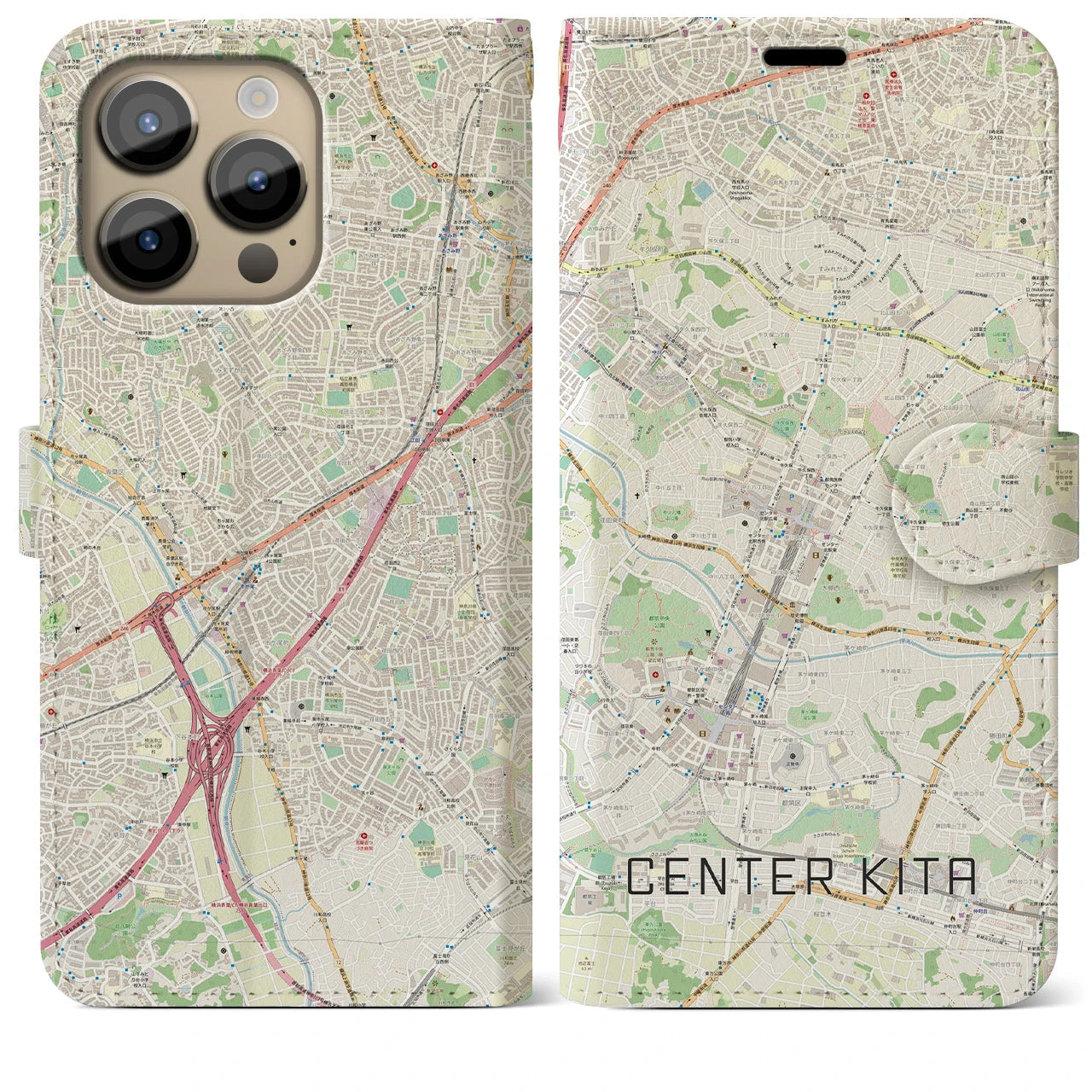 【センター北】地図柄iPhoneケース（手帳両面タイプ・ナチュラル）iPhone 14 Pro Max 用